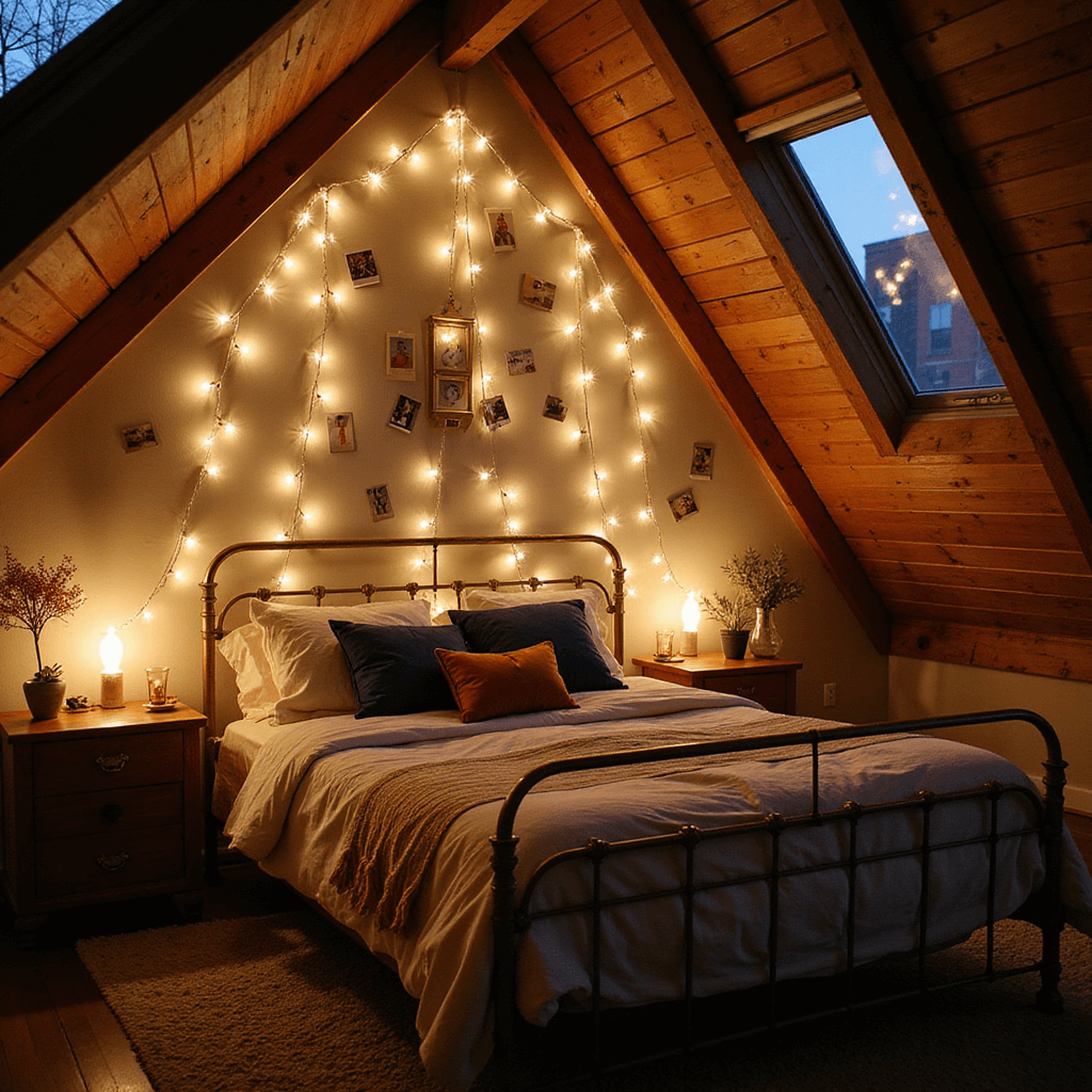 Picture Wall Ideas: Transform Your Bedroom with Personal Style Cozy attic bedroom at dusk with exposed wooden beams, warm white fairy lights cascading down a 7-foot accent wall adorned with vintage Polaroids and art clips. Vintage brass bed dressed in cream, rust, and navy textiles, captured with a shallow depth of field for a magical bokeh effect on the lights.