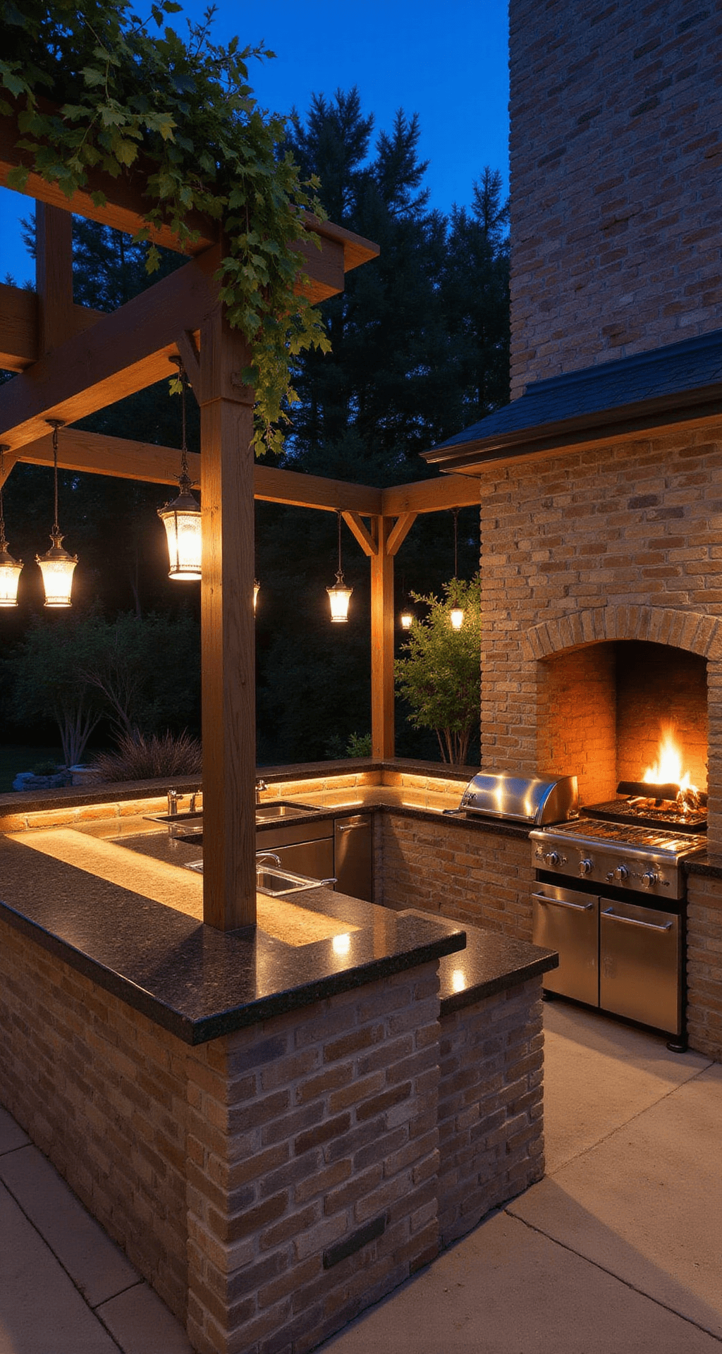 Rustic Outdoor Kitchen Ideas: Transform Your Backyard into a Charming Culinary Retreat Twilight scene of an outdoor entertaining space with an 18ft stone fireplace backdrop, L-shaped kitchen with weathered brick base cabinets and leathered black granite countertops reflecting flames, iron lanterns providing warm light, surrounded by a timber frame structure with climbing vines, creating an intimate rustic atmosphere.