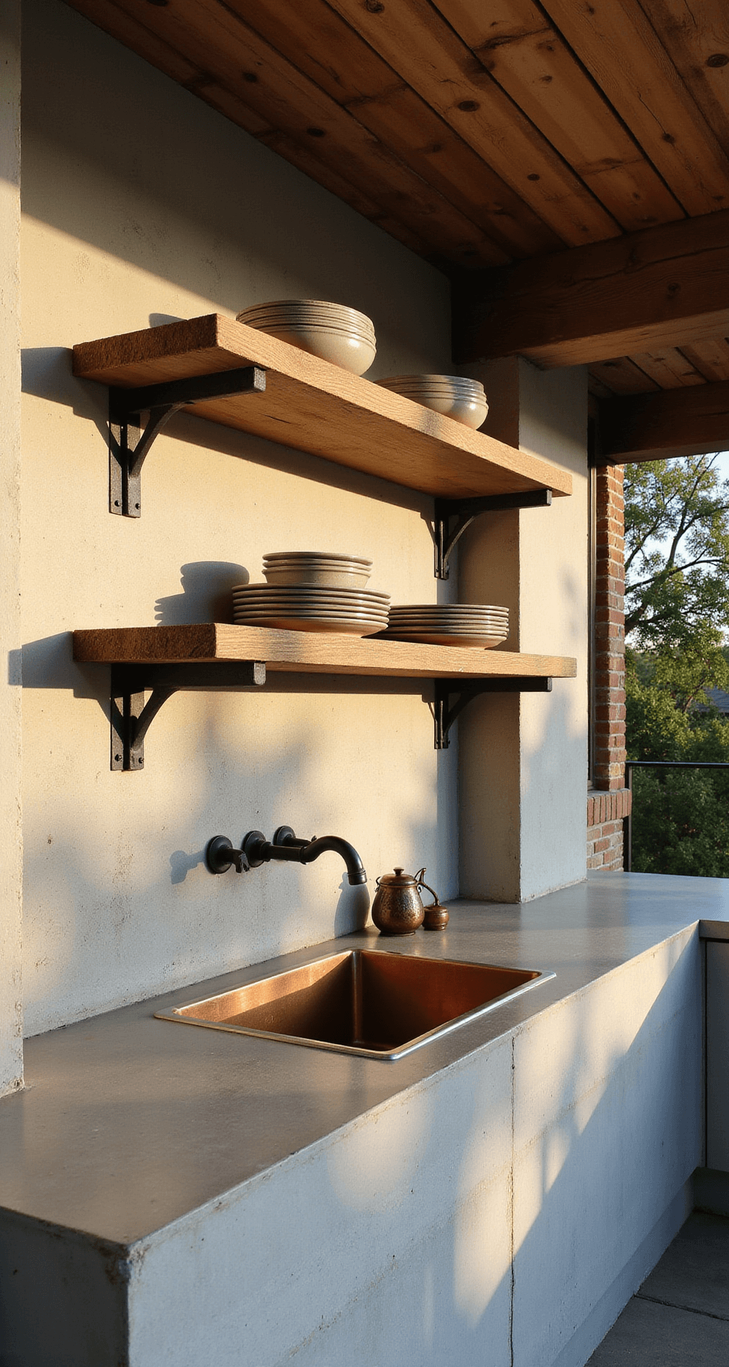 Rustic Outdoor Kitchen Ideas: Transform Your Backyard into a Charming Culinary Retreat Close-up of an outdoor kitchen showcasing rough concrete countertops and a natural stone backsplash, with vintage metal shelving holding earthenware plates, a copper sink reflecting sunlight, and a reclaimed barn wood ceiling with rich patina, highlighting artisanal craftsmanship and material textures in morning light.