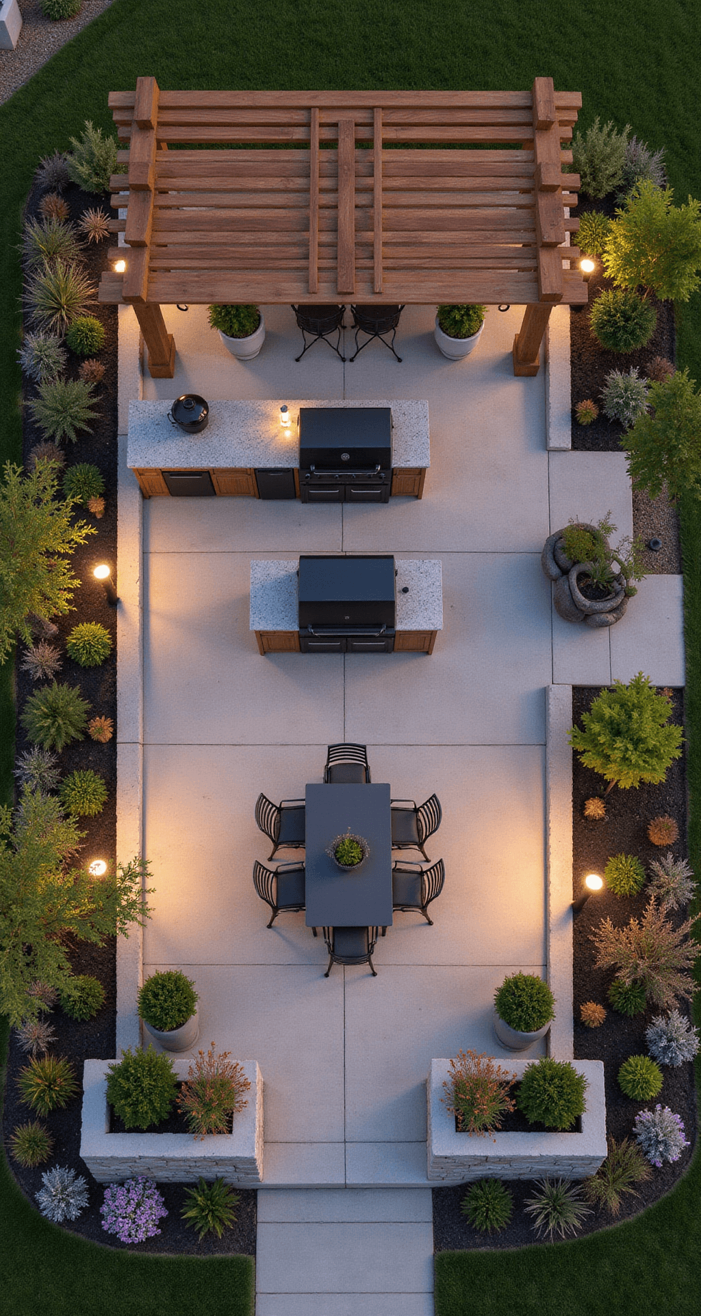 Rustic Outdoor Kitchen Ideas: Transform Your Backyard into a Charming Culinary Retreat Bird's eye view of an outdoor kitchen layout at sunset, showcasing distinct zones for cooking, dining, and lounging in a 30x40ft space. A central stone island with matte black appliances is highlighted beneath a timber pergola creating geometric shadows. A vintage metal dining set is surrounded by container gardens, while stamped concrete pathways connect different areas. Golden hour lighting enhances the organized yet organic flow of the space.