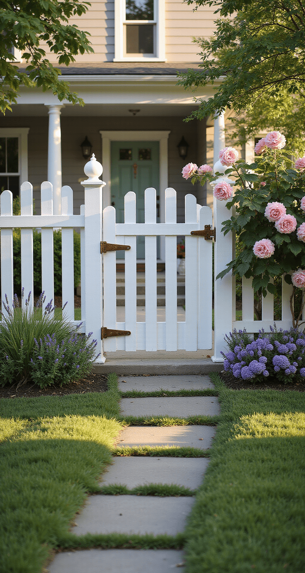 Front Garden Fence Ideas: Transform Your Outdoor Space with Style A picturesque cottage-style front garden at golden hour, featuring a pristine white picket fence adorned with climbing pink roses, a curved flagstone path leading to a sage green door, and weathered copper lanterns flanking the gate, all set against a backdrop of soft-focus house and manicured lawn.