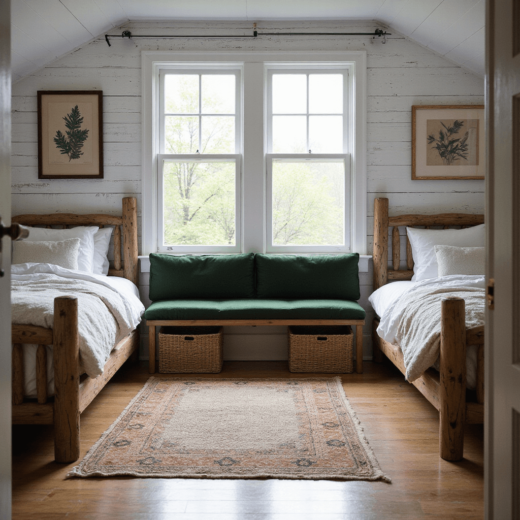 Rustic Bedroom Ideas: Transform Your Space into a Cozy Mountain Retreat A cozy 10x12ft woodland-inspired bedroom featuring twin log-style beds, a forest green velvet window seat, weathered white pine shiplap walls, earth-toned handwoven rugs, vintage botanical prints in brass frames, and woven baskets for storage, captured in soft afternoon light from a doorway height angle.