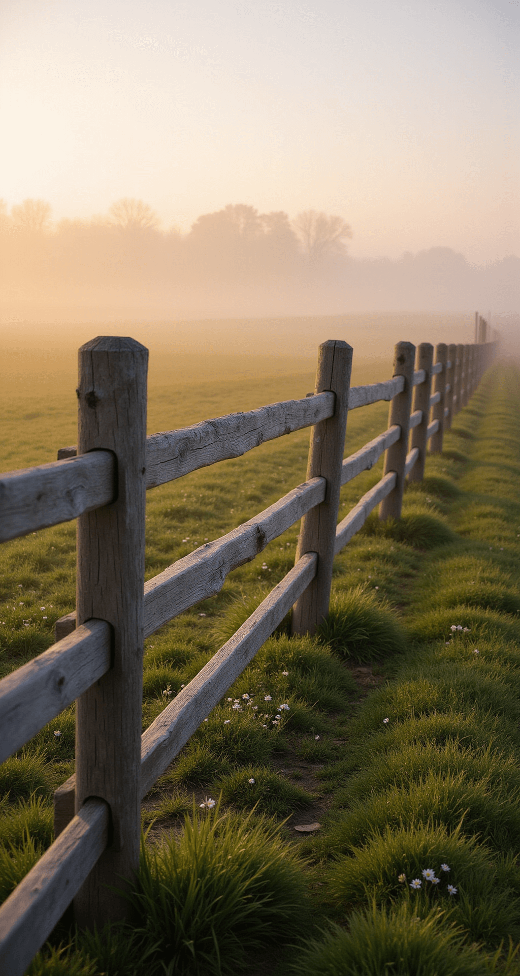 Front Garden Fence Ideas: Transform Your Outdoor Space with Style A weathered split-rail fence extends into a foggy pastoral setting, framed by dewy grass and wildflowers in the foreground, with soft golden morning light filtering through the mist, highlighting the natural patina of the wood and traditional joinery details.