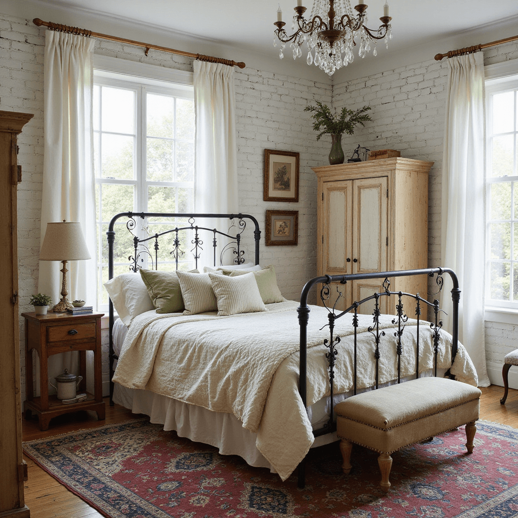 Rustic Bedroom Ideas: Transform Your Space into a Cozy Mountain Retreat A rustic farmhouse bedroom featuring whitewashed brick walls, an ornate iron bed with vintage quilts and ticking stripe pillows, distressed wooden flooring with layered Oriental rugs, a crystal chandelier, and an antique pine armoire, all illuminated by bright mid-morning light.