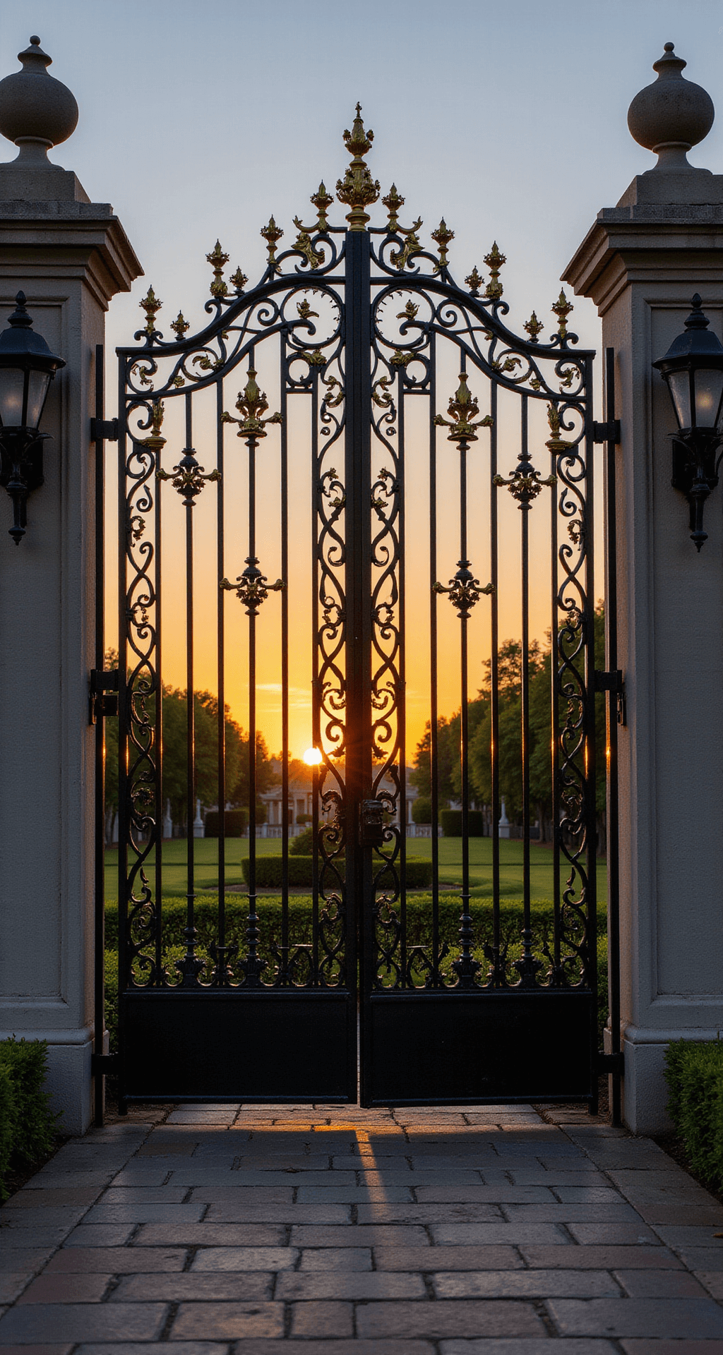 Front Garden Fence Ideas: Transform Your Outdoor Space with Style Luxurious wrought iron estate fence at sunset, featuring ornate scrollwork and gold-leafed finials, silhouetted against a dramatic backdrop, framed by classic limestone pillars and gas lanterns.