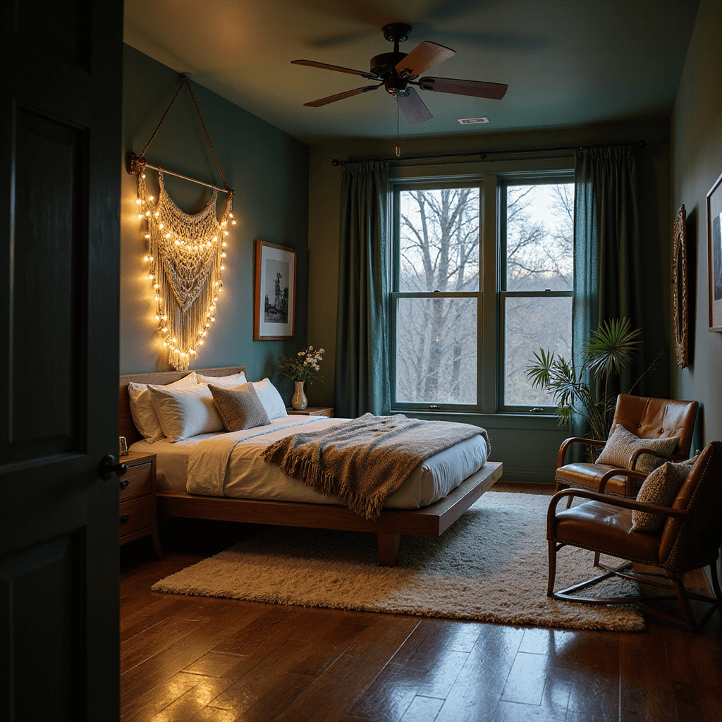 Dark and Cozy Bedroom: Your Ultimate Romantic Retreat Guide A cozy 12x14ft bedroom with forest green walls, featuring a walnut platform bed on a cream bouclé rug, illuminated by copper string lights and warm picture lights, showcasing layered textures like velvet curtains and faux fur throws, with a brass floor mirror reflecting dusk light.