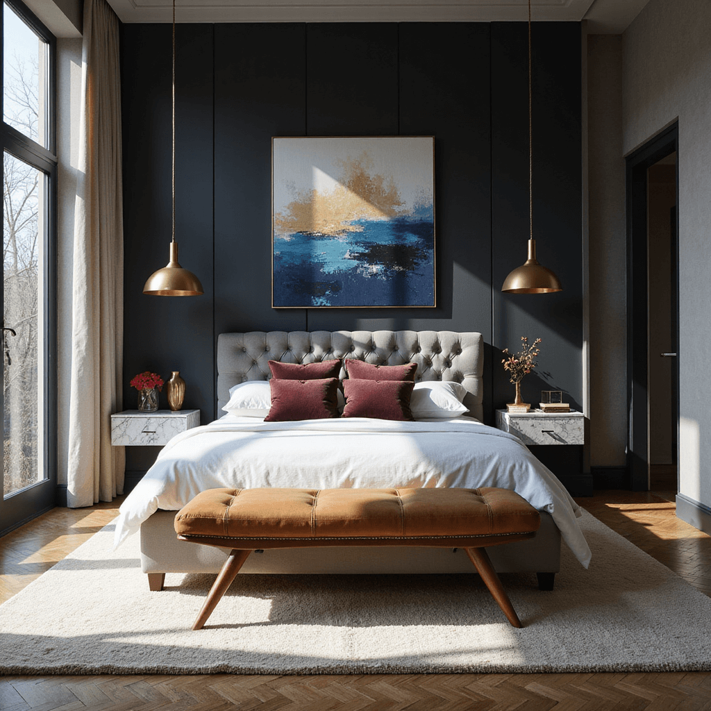 Dark and Cozy Bedroom: Your Ultimate Romantic Retreat Guide Modern bedroom sanctuary featuring a charcoal black accent wall, gray velvet bed with burgundy pillows, and a camel leather bench. Late afternoon sunlight casts dramatic shadows through floor-to-ceiling windows. Brushed gold pendant lights above marble nightstands and a large abstract canvas in blues and golds. Thick cream carpet enhances comfort and herringbone floors create dynamic leading lines.