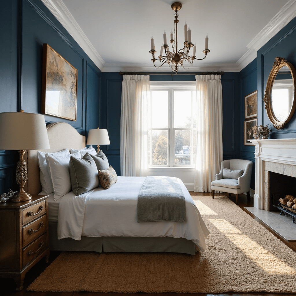 Dark and Cozy Bedroom: Your Ultimate Romantic Retreat Guide A cozy primary suite with navy blue walls and 12ft ceilings, featuring a California king bed dressed in white linens and velvet pillows, a vintage Persian rug, and natural light filtering through gauzy white curtains, captured at golden hour.