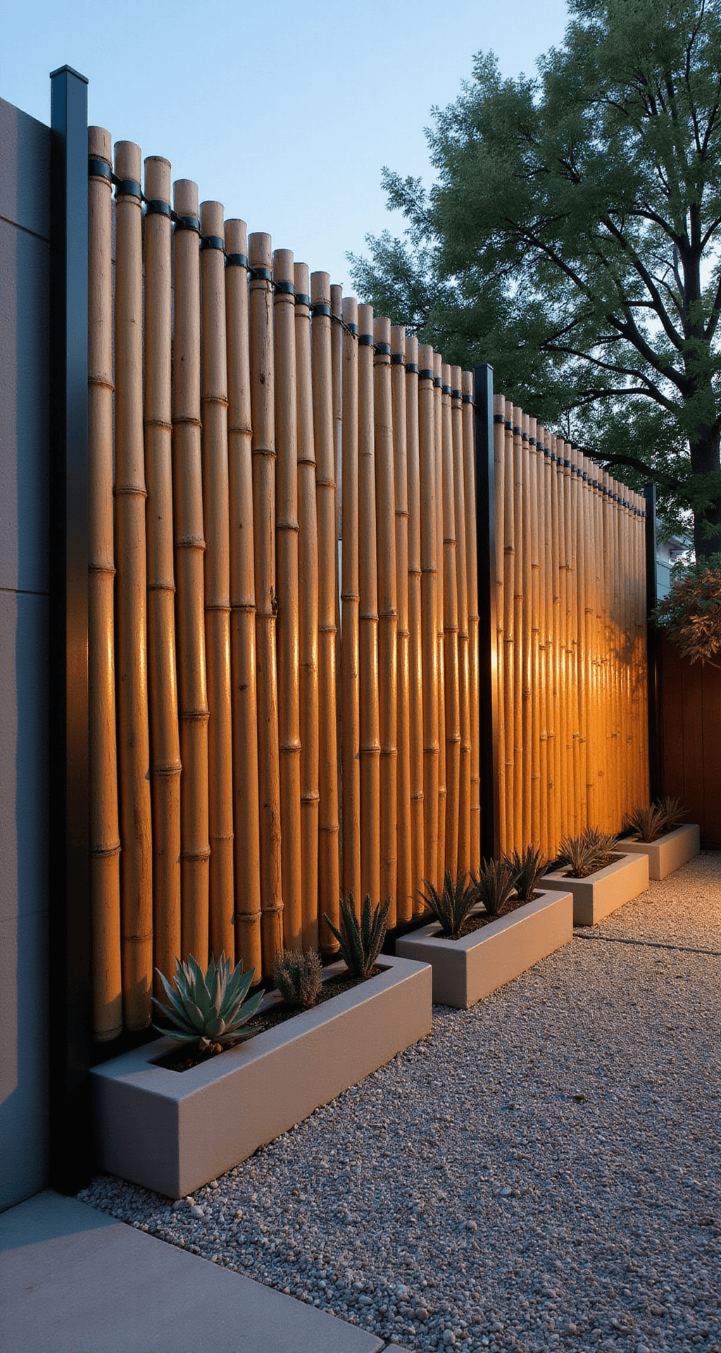 Bamboo Garden Fence Ideas: Transform Your Outdoor Space with Natural Elegance A modern minimalist backyard at golden hour featuring an 8-foot bamboo privacy fence, raked gravel zen garden, and succulent-filled concrete planters, captured from a low angle to emphasize height and clean lines.