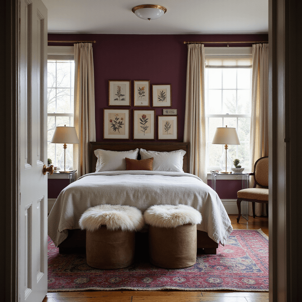 Dark and Cozy Bedroom: Your Ultimate Romantic Retreat Guide Cozy 10x12ft bedroom with deep aubergine walls adorned with brass-framed botanicals, featuring a queen bed in stonewashed linen facing east windows with vanilla silk panels, morning light illuminating crystal doorknobs and mercury glass lamps, Mongolian fur stools under a lucite console, and a vintage overdyed rug in jewel tones.