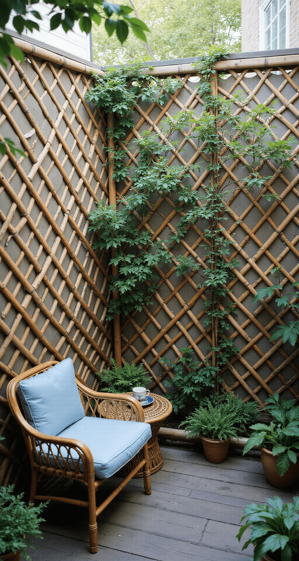 Bamboo Garden Fence Ideas: Transform Your Outdoor Space with Natural Elegance An intimate 15'x15' courtyard garden featuring a diagonal lattice bamboo fence with diamond patterns, weathered bamboo poles intersecting at 45-degree angles, and copper wire details. Boston ivy climbs the fence, while vintage rattan furniture with indigo cushions is positioned against it. The overhead shot captures geometric patterns in natural diffused lighting, with dappled shadows enhancing the scene.