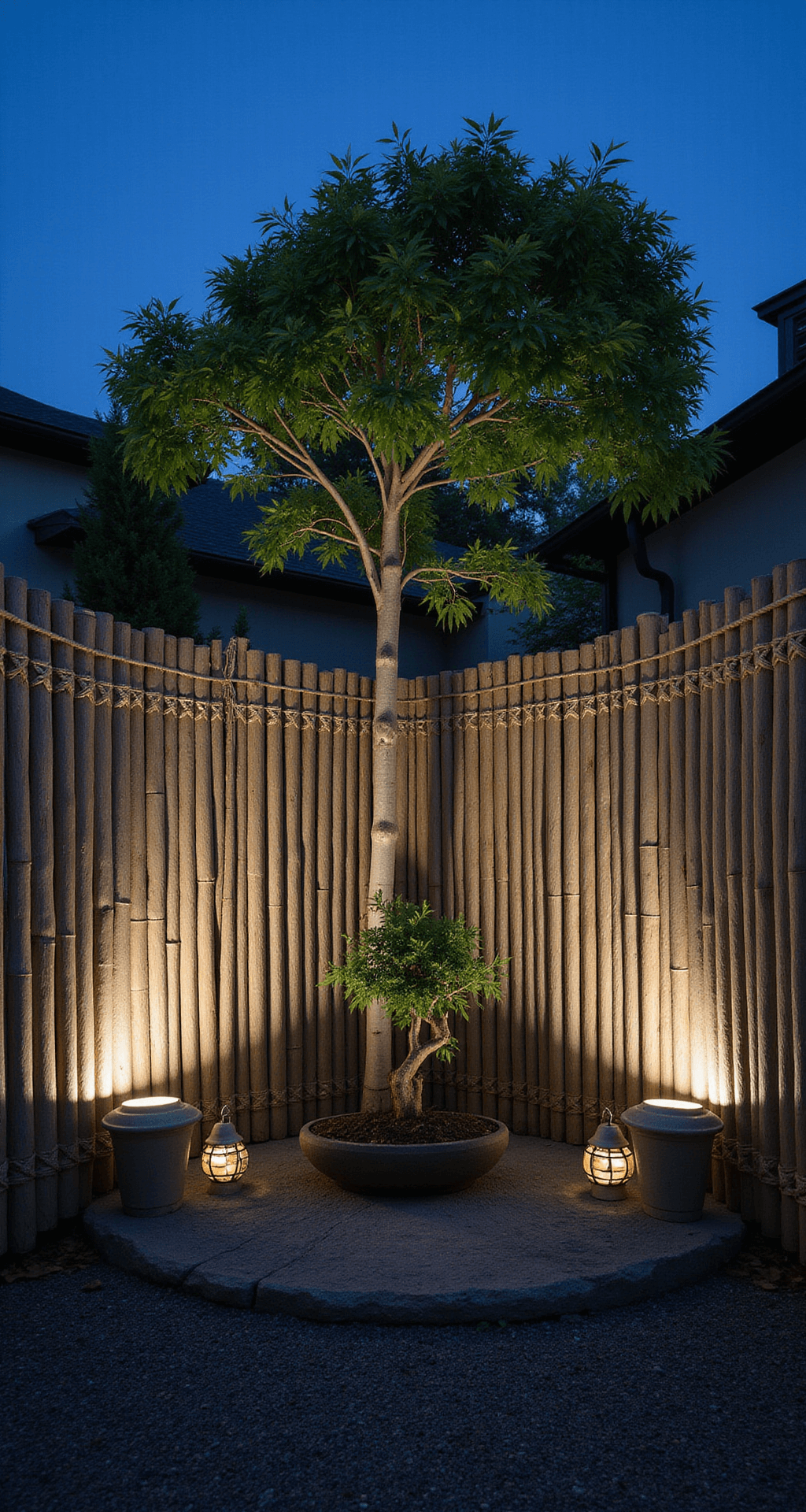 Bamboo Garden Fence Ideas: Transform Your Outdoor Space with Natural Elegance A serene meditation garden corner at blue hour featuring a traditional bamboo fence with decorative knots, flanked by softly glowing stone lanterns, and a centered maple bonsai, all captured at eye level for an intimate perspective.