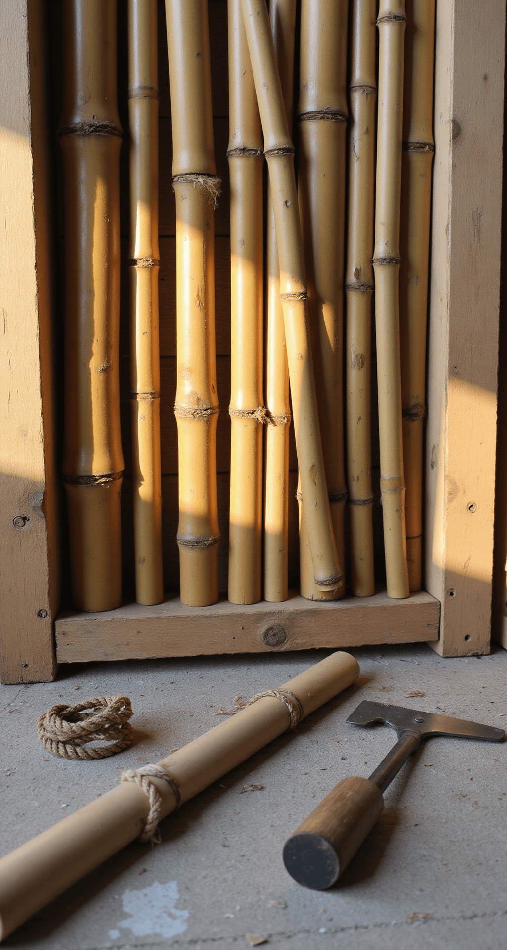 Bamboo Garden Fence Ideas: Transform Your Outdoor Space with Natural Elegance A DIY bamboo garden installation in progress, showcasing raw bamboo poles arranged vertically against cedar posts with visible spacing guides, while essential tools like a handsaw, drill, natural rope, and stainless steel wire are artistically arranged in the foreground, all illuminated by warm morning light that highlights the textures of the materials.