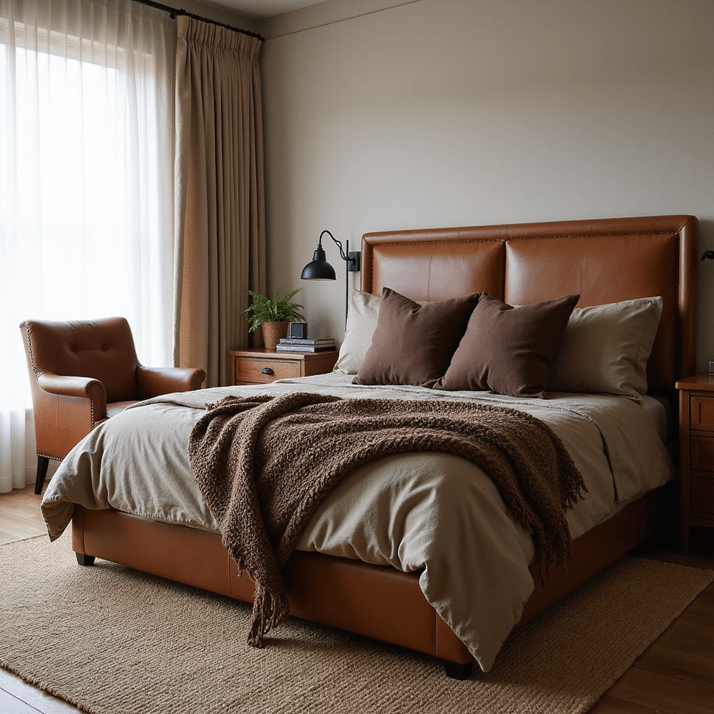 Brown Bedroom Ideas: Transform Your Space with Warmth and Style Mid-sized bedroom with layered brown design featuring a California king bed with a caramel leather headboard, taupe linen bedding, and espresso accent pillows, illuminated by morning light through sheer curtains. A vintage cognac leather armchair sits in the corner, complemented by a handwoven jute rug and matte black hardware. Captured from a low angle near the window, highlighting the textures and soft lighting.
