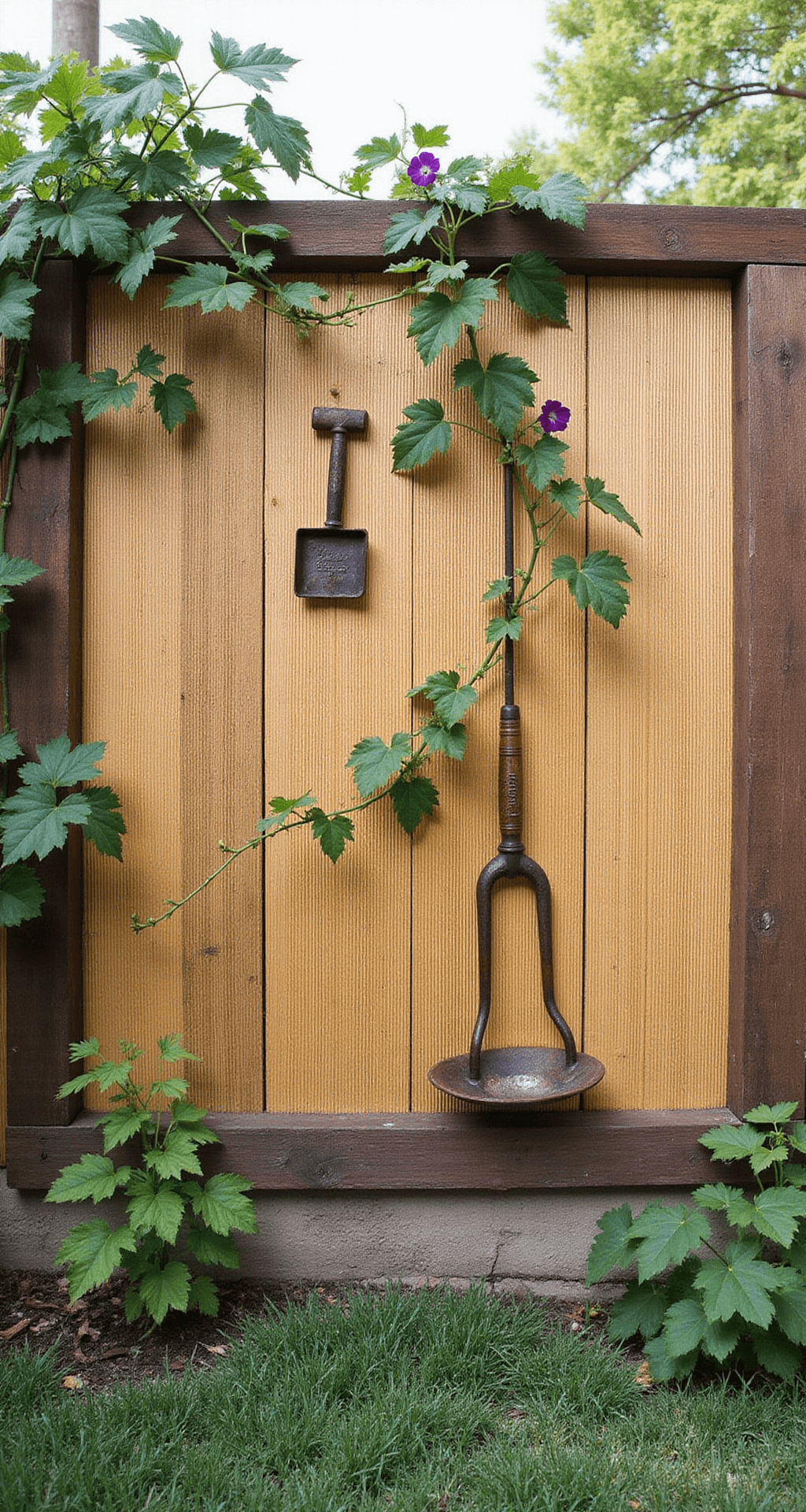 Bamboo Garden Fence Ideas: Transform Your Outdoor Space with Natural Elegance A budget-friendly backyard makeover showcasing a mixed-material fence made of bamboo panels and a reclaimed pallet wood frame, with morning glory vines starting to climb, vintage garden tools repurposed as wall art, captured straight-on in bright midday lighting.