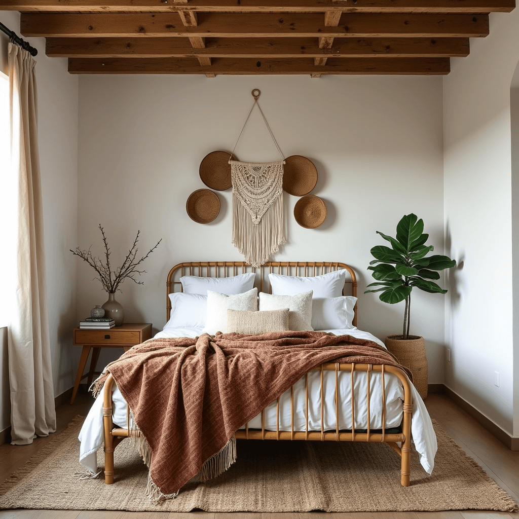 Brown Bedroom Ideas: Transform Your Space with Warmth and Style A spacious boho-inspired bedroom featuring a statement rattan bed frame with white linens and tribal print throws, exposed wooden beams, a macramé wall hanging, and a fiddle leaf fig in the corner, all illuminated by soft mid-morning light.