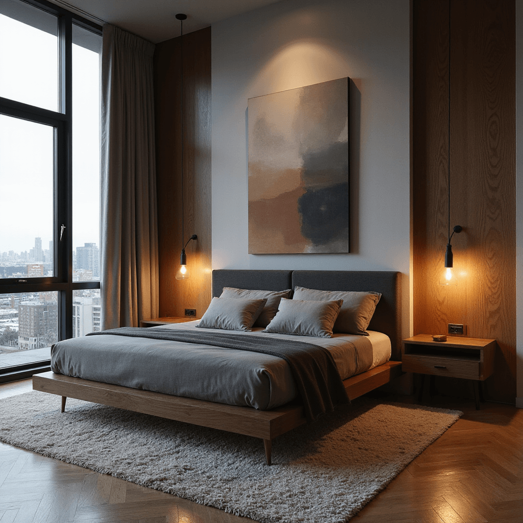 Brown Bedroom Ideas: Transform Your Space with Warmth and Style Contemporary bedroom with brown and grey palette, featuring a charcoal grey platform bed with walnut frame, ombré wall treatment, minimalist walnut floating nightstands, and abstract canvas. High-angle shot highlights geometric harmony and mood lighting through floor-to-ceiling windows.