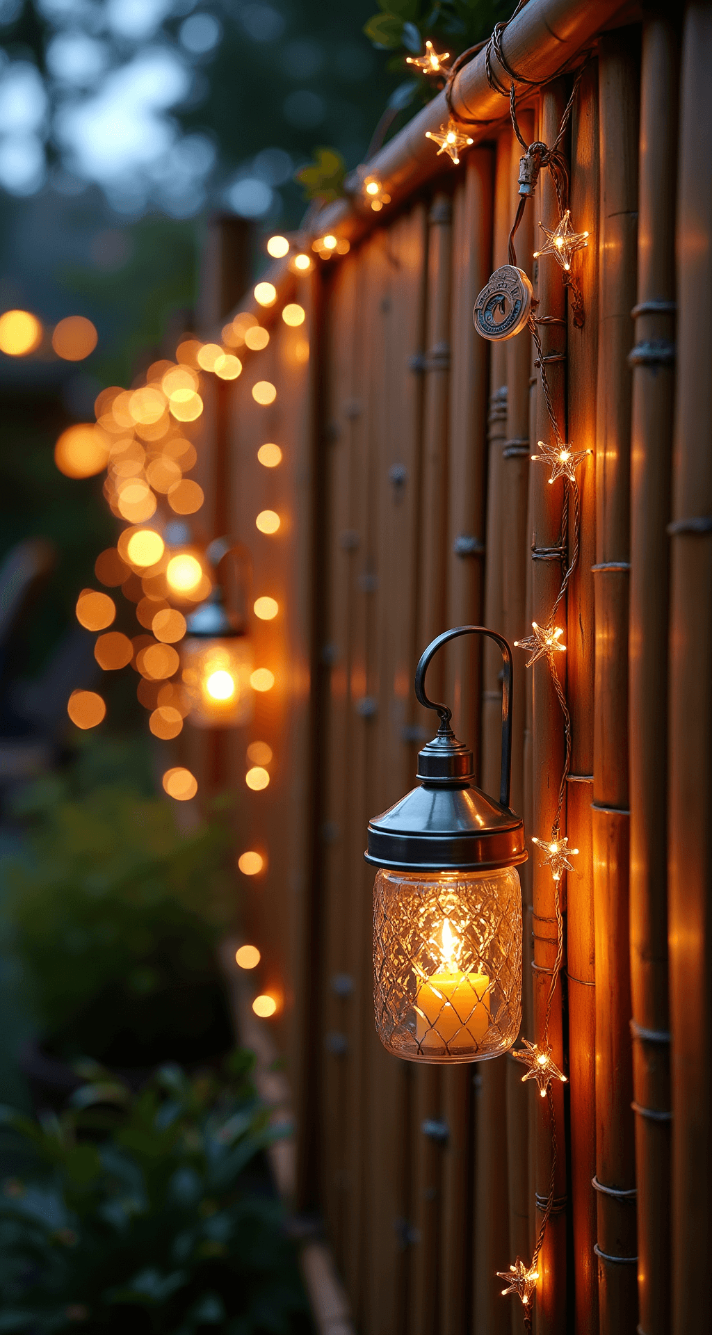 Bamboo Garden Fence Ideas: Transform Your Outdoor Space with Natural Elegance Twilight garden entertainment area featuring a bamboo fence strung with fairy lights, copper wire details, hanging mason jar lanterns with candles, and metallic wind chimes, all set against a dark bamboo stain for a sophisticated ambiance with soft bokeh effects.