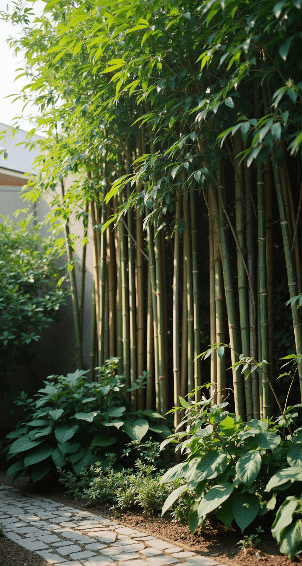 Bamboo Garden Fence Ideas: Transform Your Outdoor Space with Natural Elegance A sustainable garden featuring a mature bamboo privacy screen made of dense 10-foot poles, integrated with native climbing plants. A rainwater collection system is visible, with the aged bamboo displaying a rich green patina. The scene is captured in natural morning light, showcasing the lush growth of the ecosystem in an environmental documentary style.