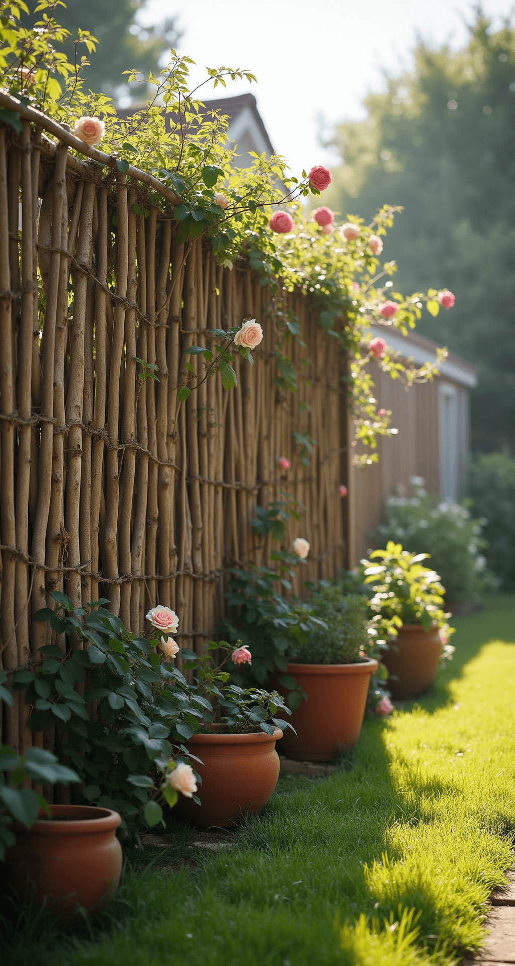 Rustic Garden Fence Ideas: Creating Charming Boundaries with Natural Style A sunlit garden corner with a tall handwoven wattle fence made of birch branches, early morning light casting shadows on dewy grass, wild climbing roses intertwining with the fence, and terracotta pots at the base, all enveloped in a gentle morning mist.