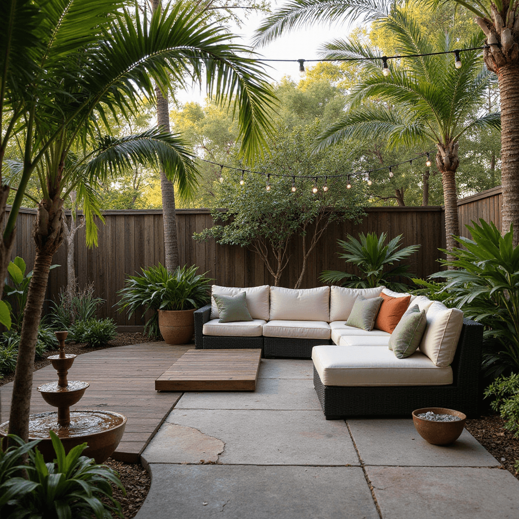 Create Your Perfect Backyard Oasis: Transform Your Outdoor Space into a Personal Paradise A serene tropical backyard oasis at golden hour featuring a curved stone path leading to a raised IPE wood deck surrounded by lush palm trees and bird of paradise plants. A modern charcoal sectional with cream cushions and sage and terracotta pillows is anchored on the deck, with hanging string lights overhead. In the foreground, a three-tier copper fountain adds gentle water sounds, while dappled sunlight filters through the palm fronds, creating a warm and inviting atmosphere.