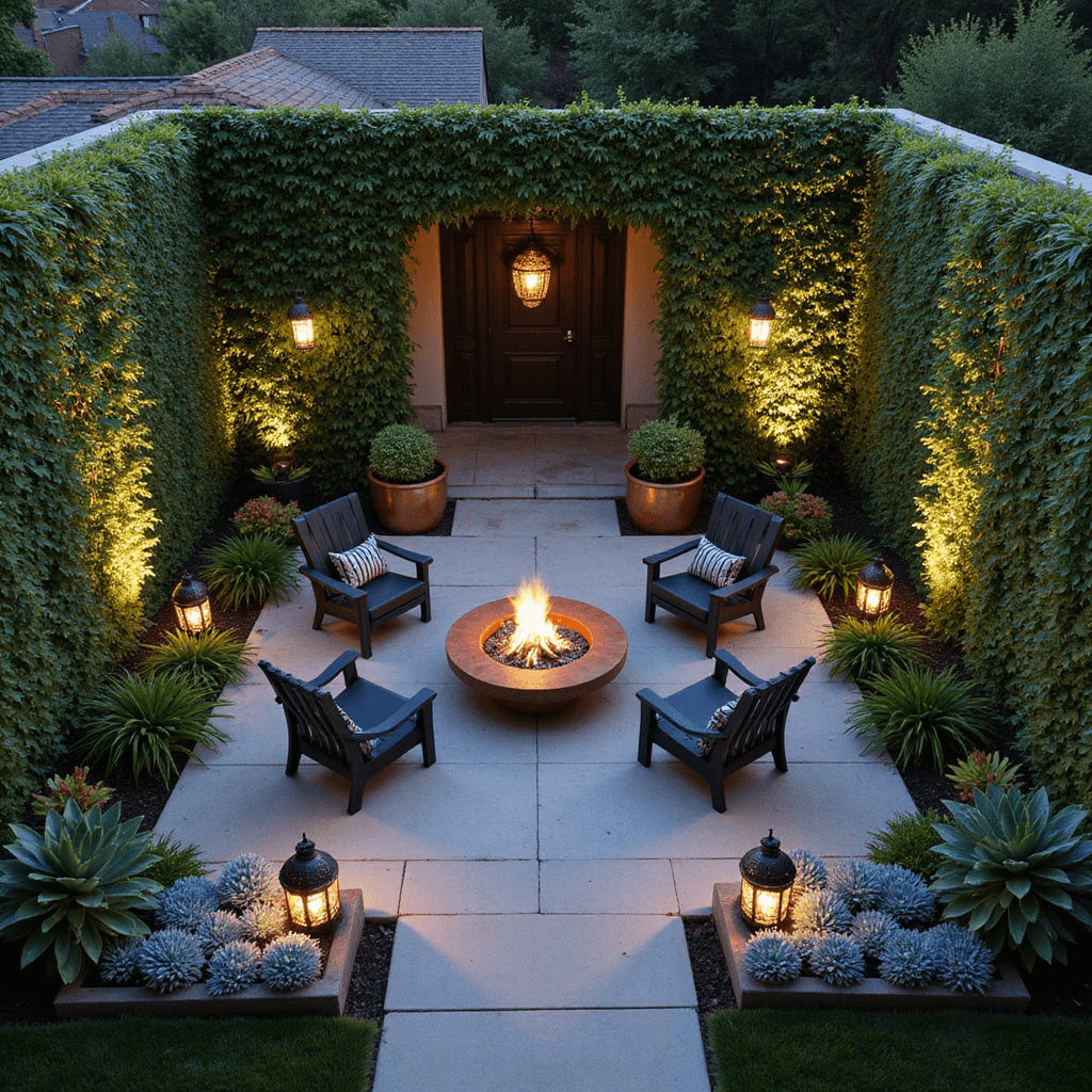 Create Your Perfect Backyard Oasis: Transform Your Outdoor Space into a Personal Paradise Bird's eye view of an intimate courtyard garden at dusk, featuring a circular fire pit with four matte black Acapulco chairs, surrounded by emerald ivy and jasmine walls. Moroccan lanterns cast intricate shadows on light limestone pavers, while copper planters overflow with silver-blue succulents, all illuminated by warm golden ambient uplighting.