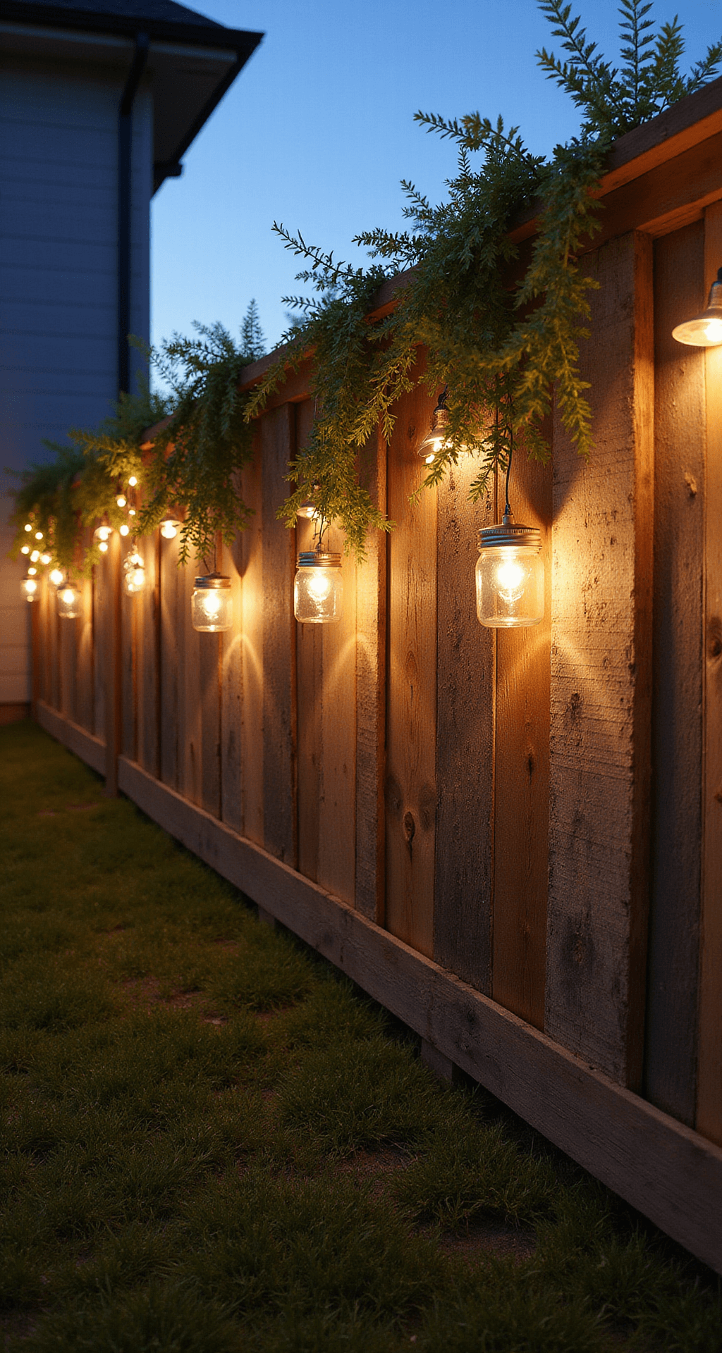 Rustic Garden Fence Ideas: Creating Charming Boundaries with Natural Style Wide-angle shot of a rustic 20ft pallet fence made of weathered gray and brown wood, featuring vintage mason jars with solar lights, trailing jasmine, and fairy lights, all illuminated by warm evening light to highlight the wood grain, with deep shadows adding dramatic depth.