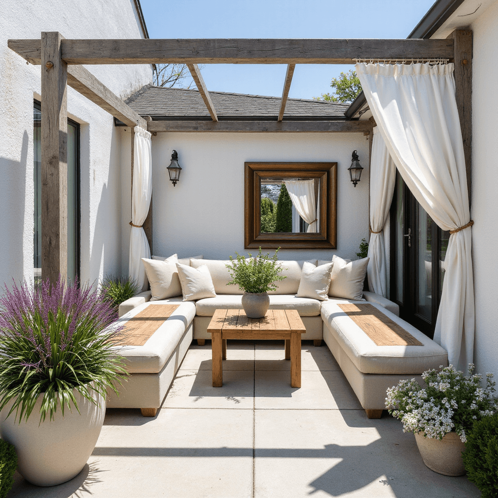 Create Your Perfect Backyard Oasis: Transform Your Outdoor Space into a Personal Paradise A contemporary mid-morning patio with a custom L-shaped concrete bench featuring weathered teak insets, an overhead pergola with white curtains, and mixed container gardens of purple fountain grass and white flowers, complemented by a large bronze-framed mirror.