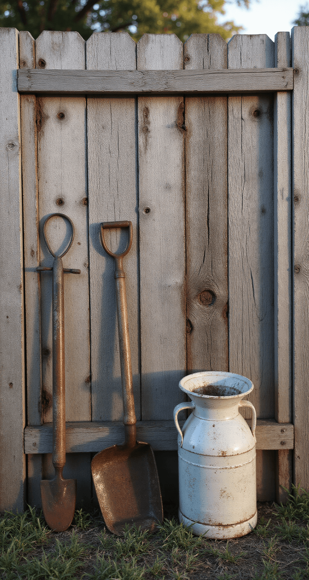Rustic Garden Fence Ideas: Creating Charming Boundaries with Natural Style Intimate portrait of a weathered barnwood fence corner, showing aged boards, an antique milk can, and garden tools, captured during golden hour with natural light emphasizing rustic textures in silvered grays and deep browns.
