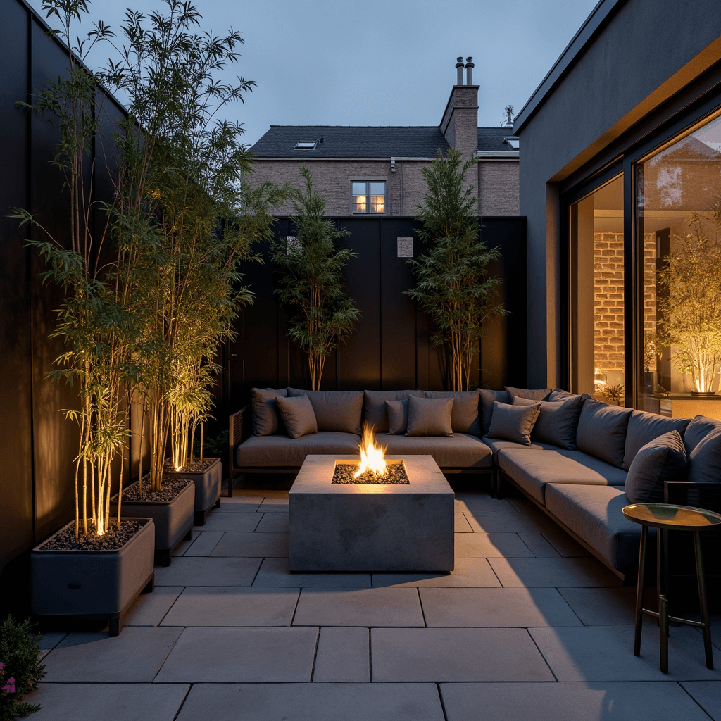 Create Your Perfect Backyard Oasis: Transform Your Outdoor Space into a Personal Paradise Intimate urban terrace at twilight, featuring modern metal privacy screens casting shadows, a freestanding stone fireplace with LED lighting, low-profile concrete planters with bamboo, and a minimalist charcoal sectional with brass accent tables, all in a moody atmosphere.
