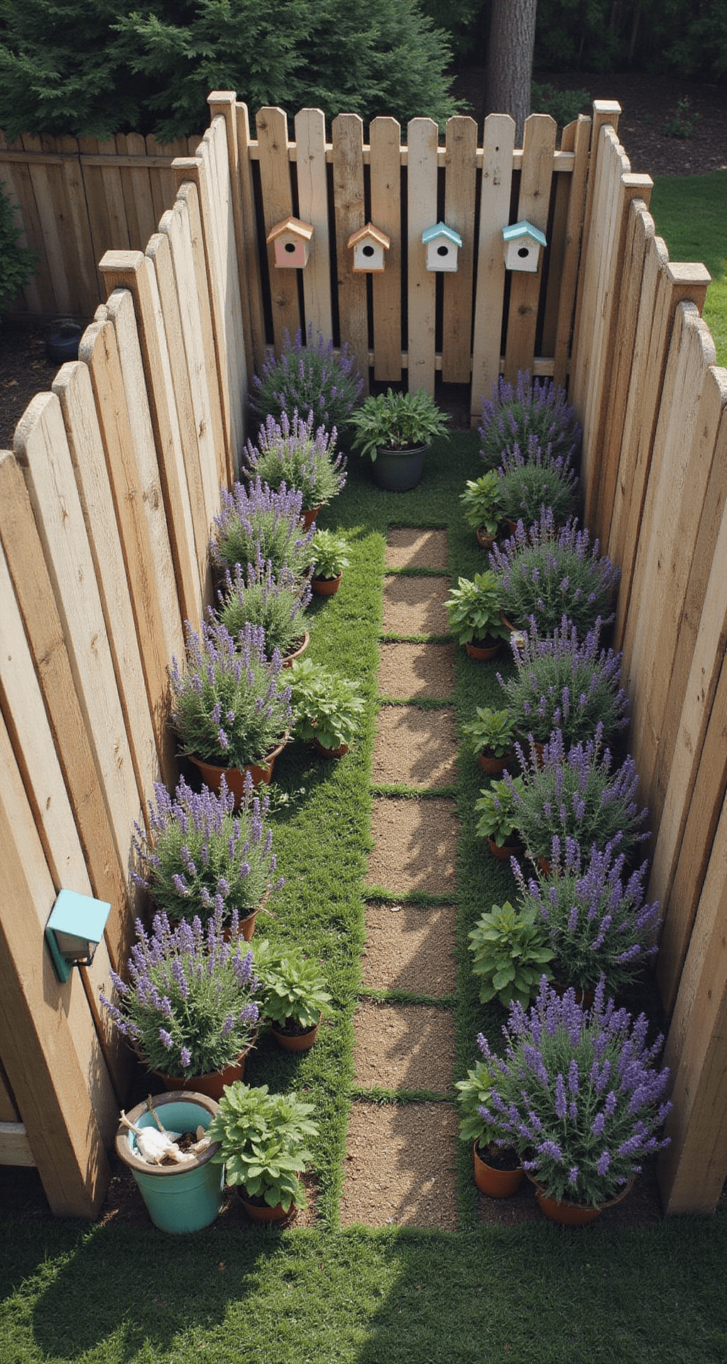 Rustic Garden Fence Ideas: Creating Charming Boundaries with Natural Style Overhead view of a 30x40ft garden enclosure featuring vintage crates and reclaimed lumber, illuminated by morning light. The scene includes pastel-painted birdhouses along the fence and potted lavender arranged at the base, all captured from 75ft elevation with a desaturated vintage color treatment that highlights the textures and geometric patterns.
