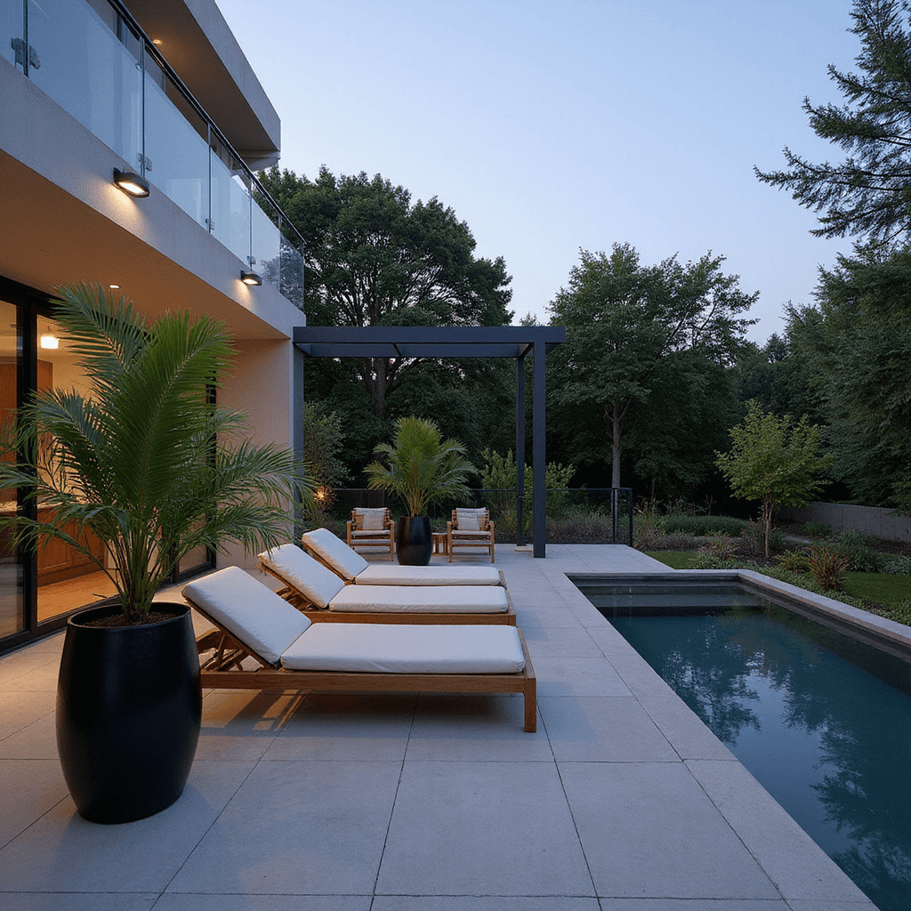 Create Your Perfect Backyard Oasis: Transform Your Outdoor Space into a Personal Paradise A serene poolside retreat at dusk, featuring a zero-edge pool with a dark bottom reflecting the surroundings, surrounded by contemporary teak lounge chairs and oversized black ceramic planters filled with tropical plants, enhanced by glass wind barriers with integrated LED lighting.