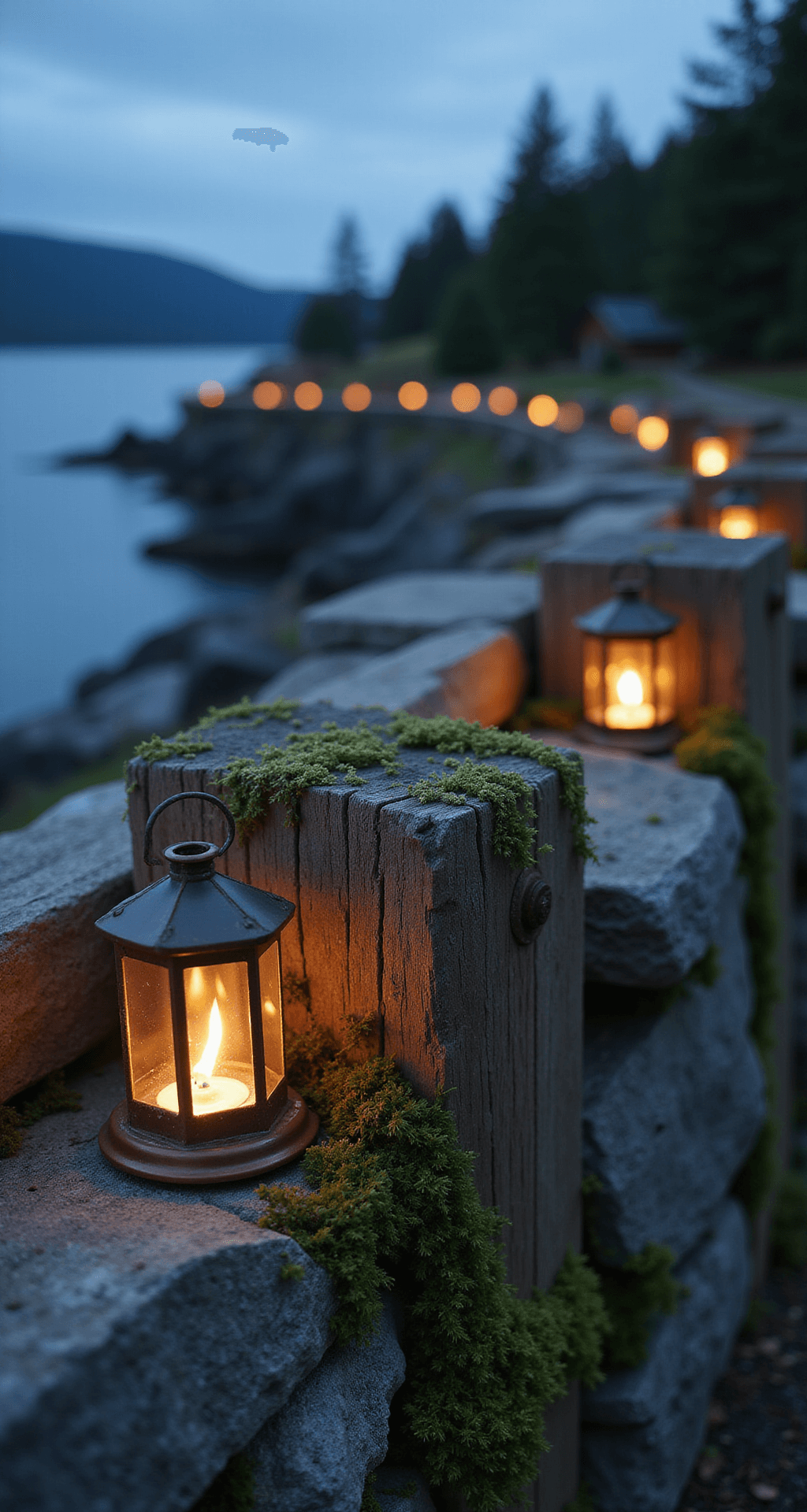 Rustic Garden Fence Ideas: Creating Charming Boundaries with Natural Style Detail shot of a stone and wood fence with moss-covered fieldstones, wooden posts, and hemp rope, illuminated by warm copper solar lanterns during blue hour; features dreamy bokeh and contrasting cool evening tones.