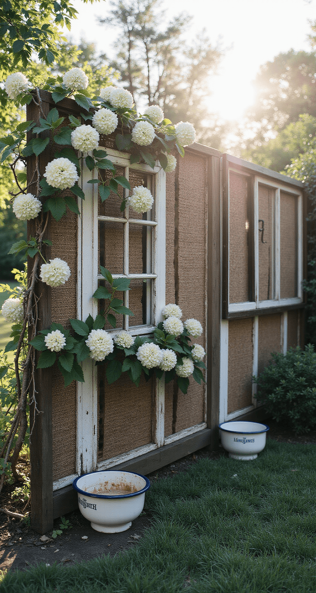 Rustic Garden Fence Ideas: Creating Charming Boundaries with Natural Style A corner view of a 10x12ft mixed-material fence made of woven branches, reclaimed boards, and vintage window frames, bathed in late afternoon sunlight. Climbing hydrangeas soften the structure, complemented by vintage enamelware planters, while atmospheric lens flare adds a romantic touch.