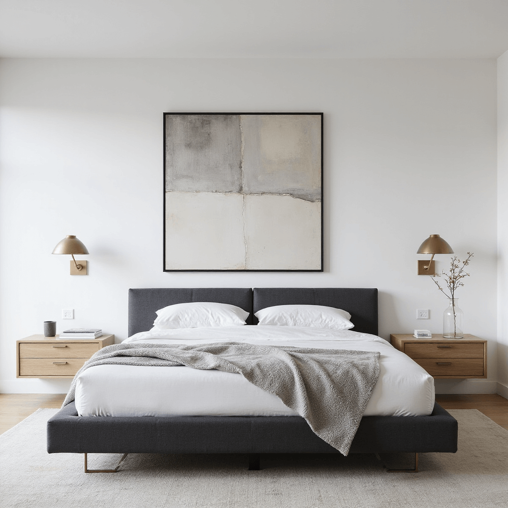 Neutral Bedroom Ideas: Your Ultimate Guide to Serene, Stylish Spaces A modern minimalist bedroom featuring a charcoal platform bed with white linens, light grey cashmere throws, and bleached oak floating bedside tables with brass sconces, all set against a pure white wall. A large abstract art piece in neutral tones serves as the focal point, captured in soft morning light to highlight the geometric lines and textures.