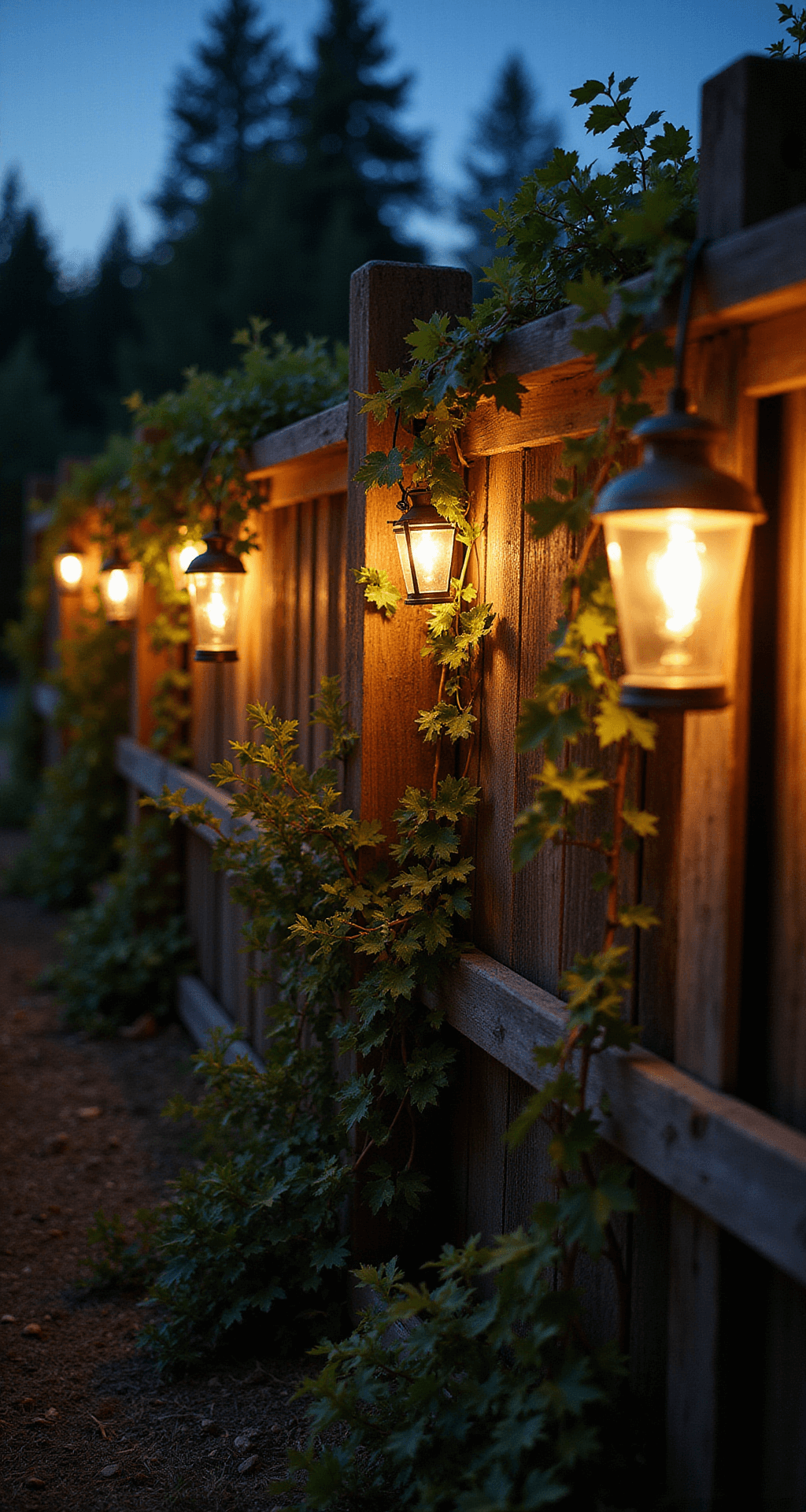 Rustic Garden Fence Ideas: Creating Charming Boundaries with Natural Style A low-angle view of a 15ft rustic fence section adorned with string lights and vintage lanterns, glowing against a deep blue twilight sky, with silhouetted trailing vines and ethereal bokeh effects.