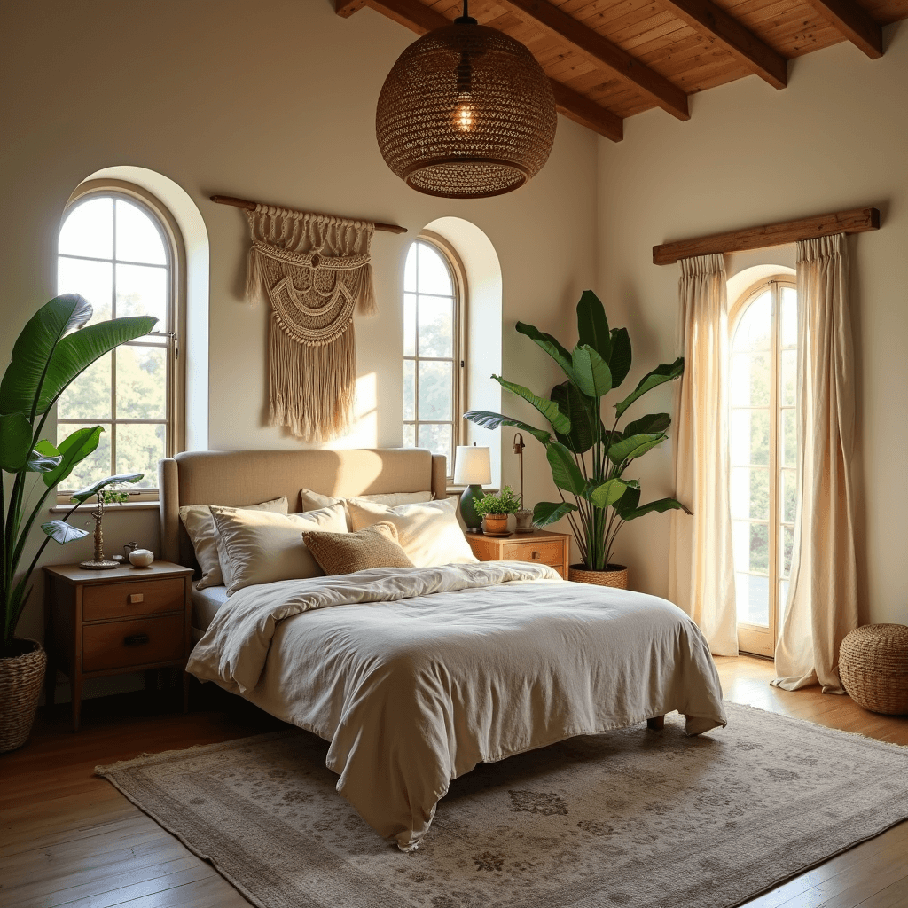 Neutral Bedroom Ideas: Your Ultimate Guide to Serene, Stylish Spaces Boho-neutral master bedroom with vaulted ceiling, featuring arched windows, natural linen headboard, unmade bedding with layered pillows, vintage Persian rug, potted palms, and a rattan pendant light, captured during golden hour from an elevated position.