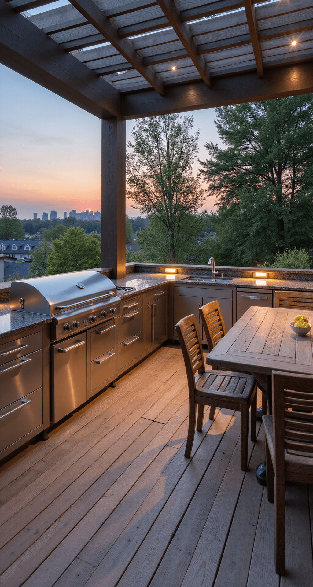 Outdoor Kitchen on Deck: Your Ultimate Guide to Creating a Backyard Culinary Paradise A modern 400-square-foot elevated deck features an L-shaped stainless steel outdoor kitchen with a large grill, polished granite countertops, and a weathered teak dining set beneath a floating pergola. The scene is set during golden hour with city skyline views, warm LED lighting, and composite decking in 'Weathered Barnwood'.