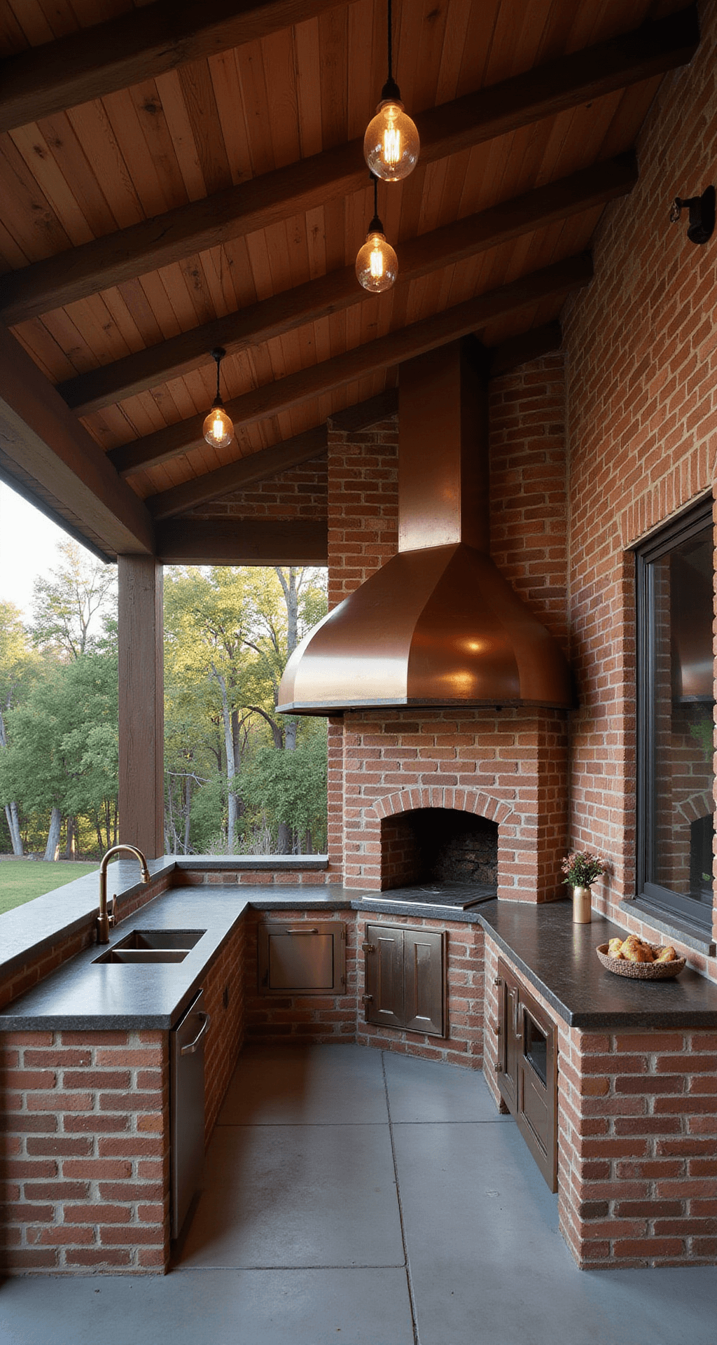 Outdoor Kitchen on Deck: Your Ultimate Guide to Creating a Backyard Culinary Paradise Rustic-industrial outdoor kitchen on a covered deck at magic hour, featuring exposed cedar beams, reclaimed brick veneer, a copper sink with antiqued brass fixtures, and a dominating cast iron pizza oven under a copper hood, with vintage-style pendant lights and a moody atmosphere enhanced by soft lighting and smoke wisping from the oven.