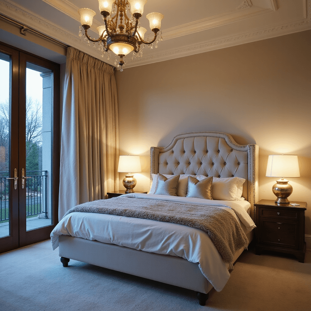 Neutral Bedroom Ideas: Your Ultimate Guide to Serene, Stylish Spaces Luxurious neutral bedroom at blue hour featuring a king bed with a tufted ivory velvet headboard, champagne silk curtains framing French doors, layered with pearl-grey sateen sheets and cream mohair throws, accented by metallic pillows. An antique brass chandelier and mercury glass table lamps add warm lighting to the moody atmosphere.