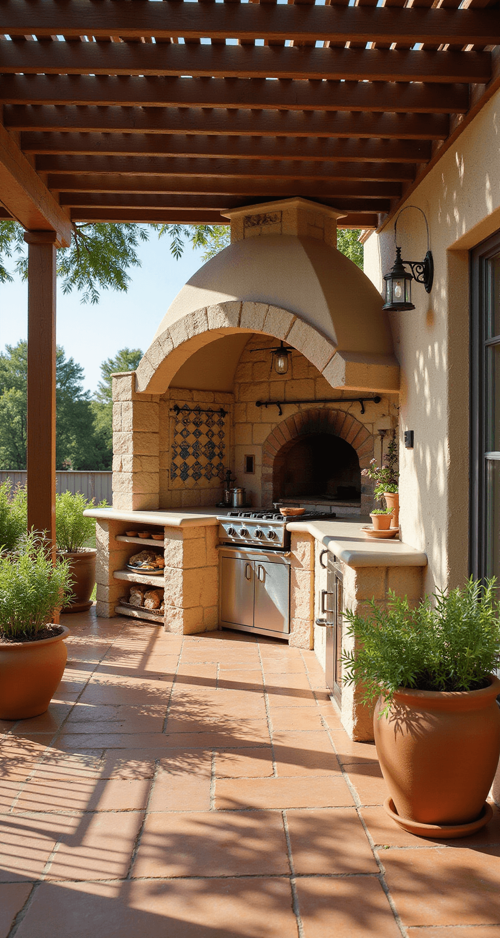 Outdoor Kitchen on Deck: Your Ultimate Guide to Creating a Backyard Culinary Paradise Mediterranean-style covered deck kitchen featuring terracotta tile flooring, hand-painted ceramic tile backsplash, a stone pizza oven, and wrought iron fixtures, illuminated by natural light filtering through pergola slats, creating a warm and inviting atmosphere with herbs in terracotta pots.