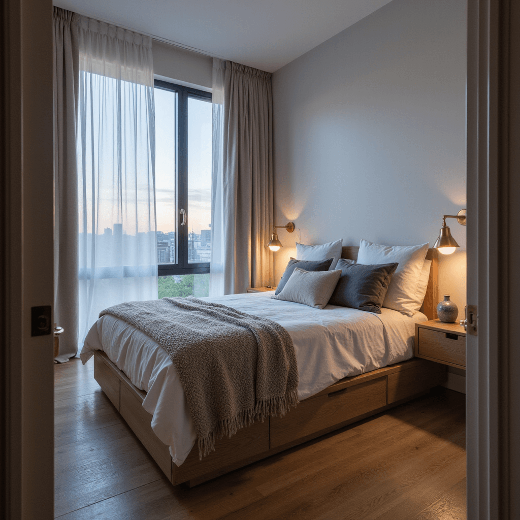 One-Bedroom Apartment Design: Transforming Small Spaces into Stylish Havens Intimate bedroom sanctuary featuring a queen platform bed with cloud-white linen and textured throws, complemented by floating wooden nightstands and modern ceramic lamps, all softly illuminated by sheer curtains and brass sconces during blue hour.