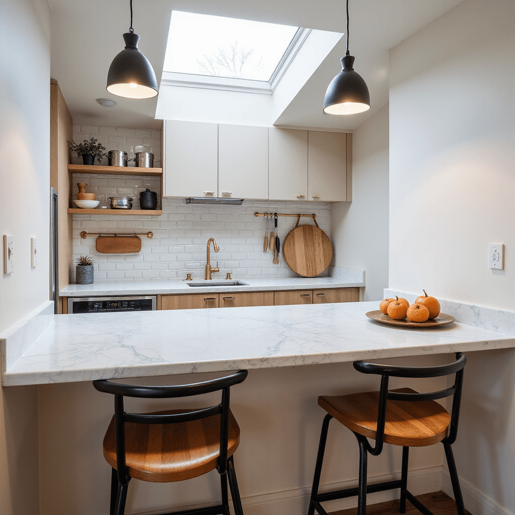 One-Bedroom Apartment Design: Transforming Small Spaces into Stylish Havens Compact kitchen featuring white subway tiles and quartz countertops illuminated by morning light; includes brass hardware, a copper wall-mounted pot rack, magnetic knife strip, and warm oak fold-down breakfast bar with contemporary black metal and leather bar stools, highlighting vertical storage and clean lines.