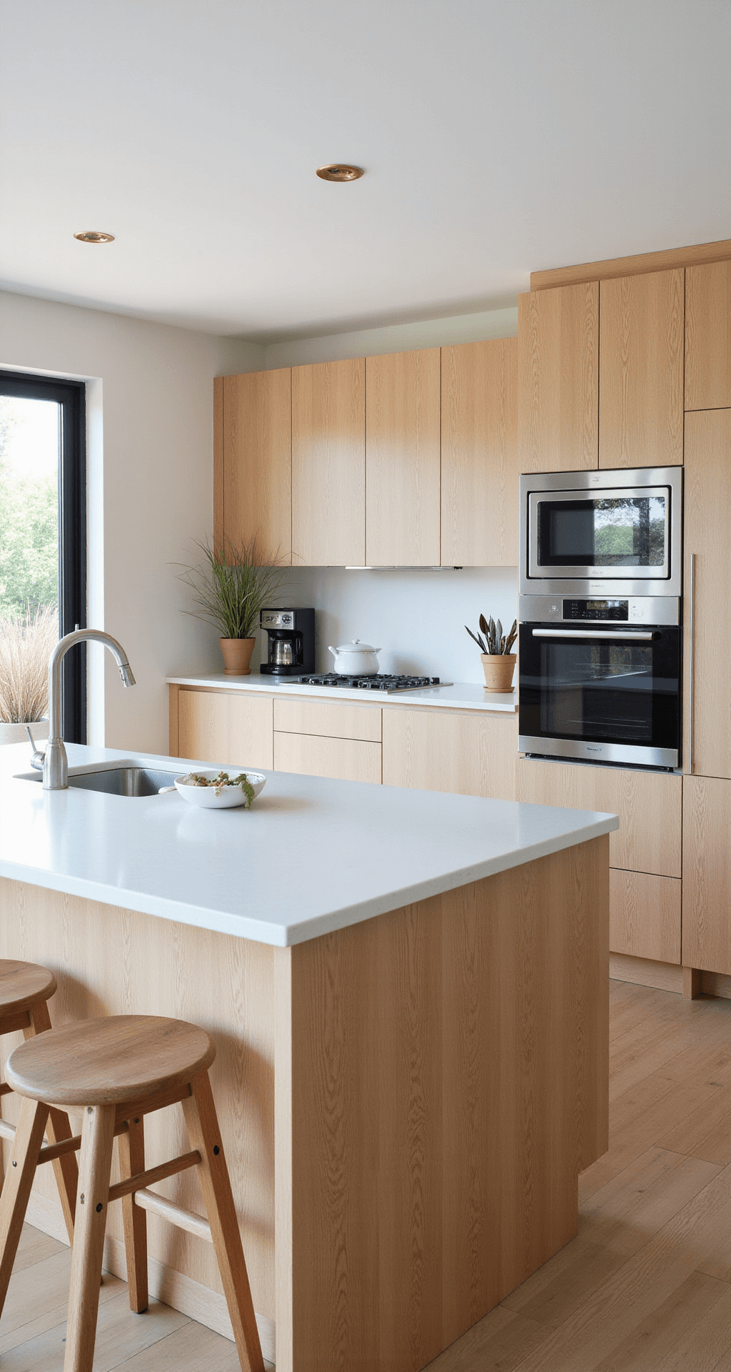 Outdoor Kitchen on Deck: Your Ultimate Guide to Creating a Backyard Culinary Paradise A high-angle view of a Scandinavian-inspired deck kitchen, showcasing a 16x20 ft light oak-clad space bathed in morning light. The design features a white quartz waterfall countertop with an integrated sink, minimalist stainless appliances, and blonde wood cabinets with hidden pulls. The clean and airy atmosphere is enhanced by potted grasses, creating an inviting organic touch.