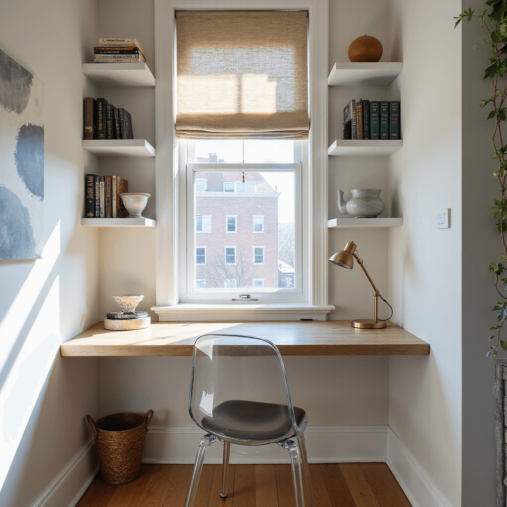 One-Bedroom Apartment Design: Transforming Small Spaces into Stylish Havens A bright midday scene of a multi-functional home office nook featuring a bleached oak floating desk under a window, a ghost chair, and a vintage brass task lamp. White floating shelves above hold curated books and ceramics, while afternoon sun creates geometric shadows through a sheer roman shade.