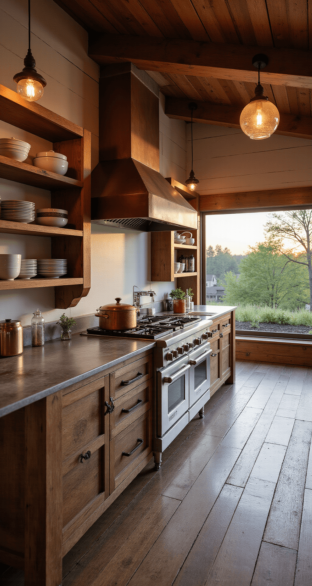 Outdoor Kitchen on Deck: Your Ultimate Guide to Creating a Backyard Culinary Paradise Farm-to-table kitchen featuring salvaged barn wood, custom zinc countertops, vintage commercial range, and open shelving with earthenware, all set in a 24x30 ft wraparound space at sunset, emphasizing a rustic yet elegant mood with warm lighting and an herb garden in the background.
