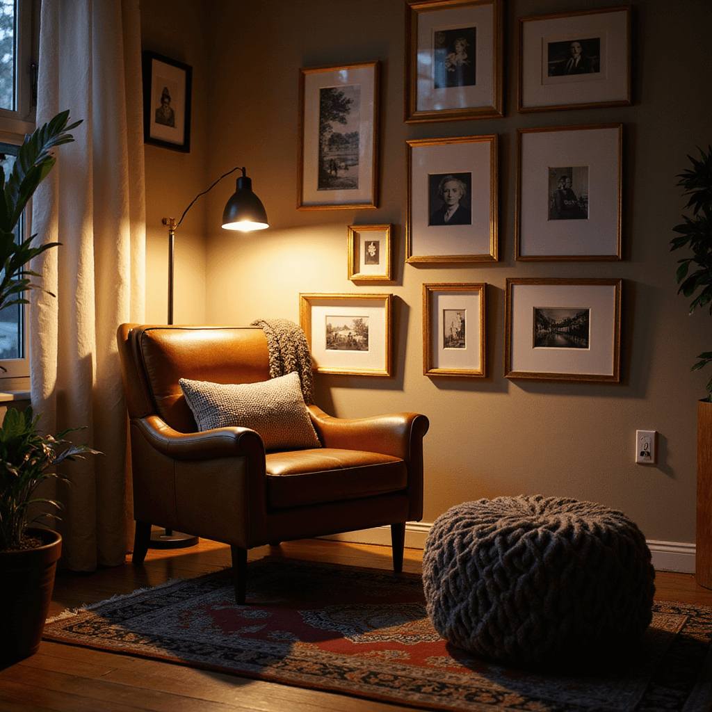 One-Bedroom Apartment Design: Transforming Small Spaces into Stylish Havens Evening living room featuring a cozy reading corner with a mid-century modern cognac leather armchair, illuminated by layered lighting including a floor lamp and hidden LED strips. A gallery wall of black and white photographs in gold frames complements textural elements like a chunky knit throw, velvet ottoman, and vintage Persian rug, all captured from a low angle to enhance the intimate atmosphere.