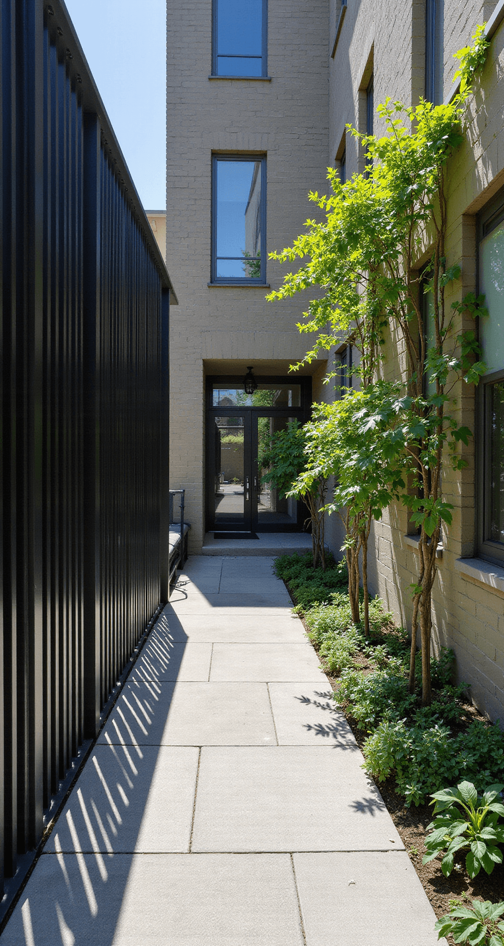Black Garden Fences: Transforming Outdoor Spaces with Dramatic Style Aerial view of a bright urban courtyard featuring sleek black aluminum fencing, minimalist concrete pavers leading to a modern lounge area, and emerald green climbing vines on geometric trellises, with sharp shadows creating geometric patterns on light gray flooring.