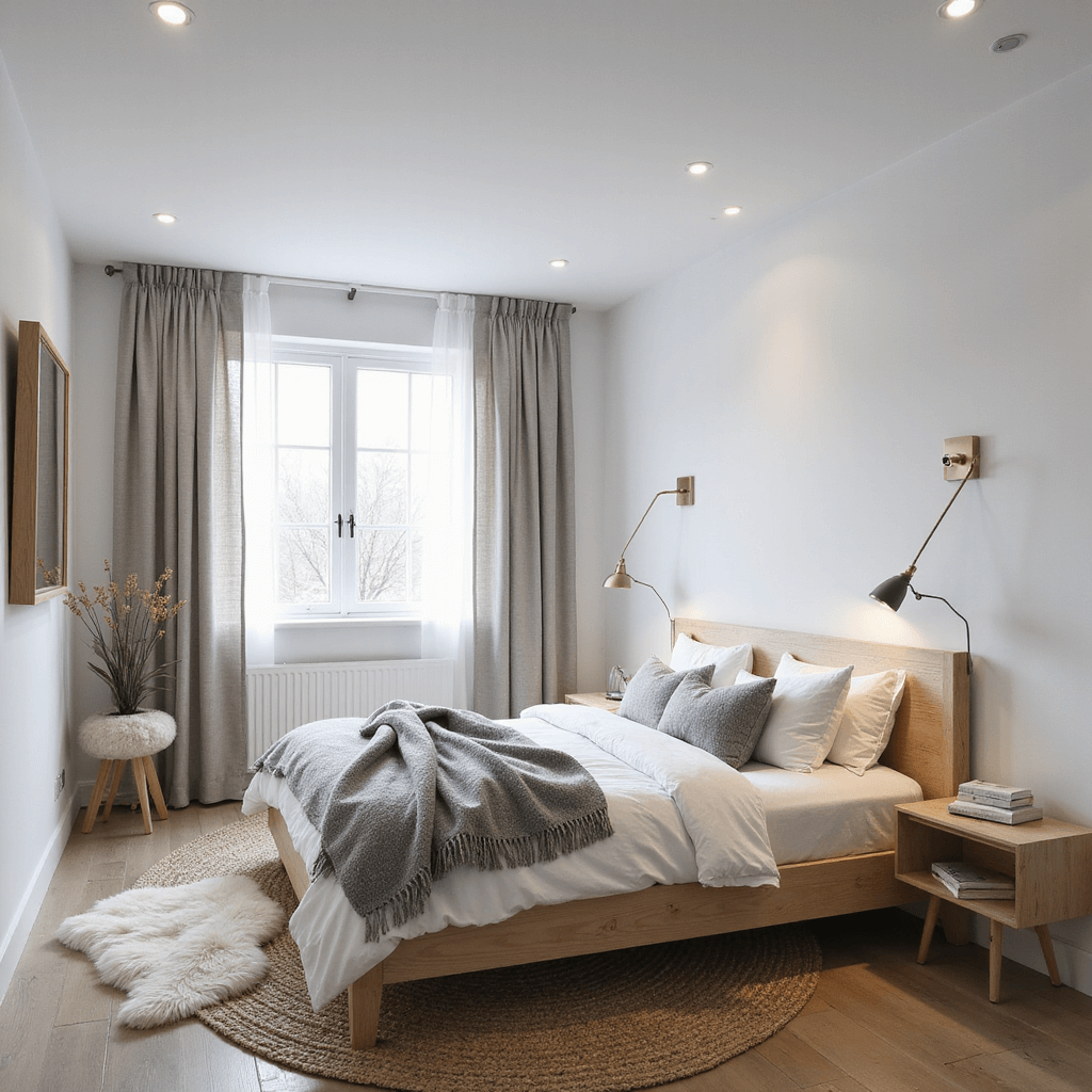 Basement Bedroom Ideas: Transform Your Underground Space into a Cozy Retreat Bright Scandinavian-inspired basement bedroom with white walls, a low-profile blonde wood bed dressed in white linens, and morning light from an enlarged egress window. Layered lighting, strategic mirrors, and various textures create an airy atmosphere.