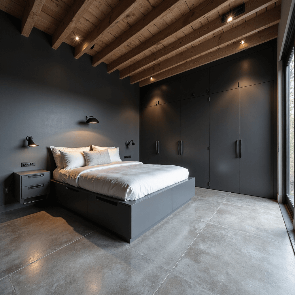 Basement Bedroom Ideas: Transform Your Underground Space into a Cozy Retreat Modern minimalist basement sanctuary featuring a queen bed with built-in storage, exposed wooden ceiling beams, and large-format concrete-look porcelain tiles. The monochromatic grey color scheme is enhanced by hidden LED strips and carefully positioned recessed lighting. The camera captures the space from a 45-degree angle, highlighting sleek black hardware, subtle shadows, and a clean, architectural design.